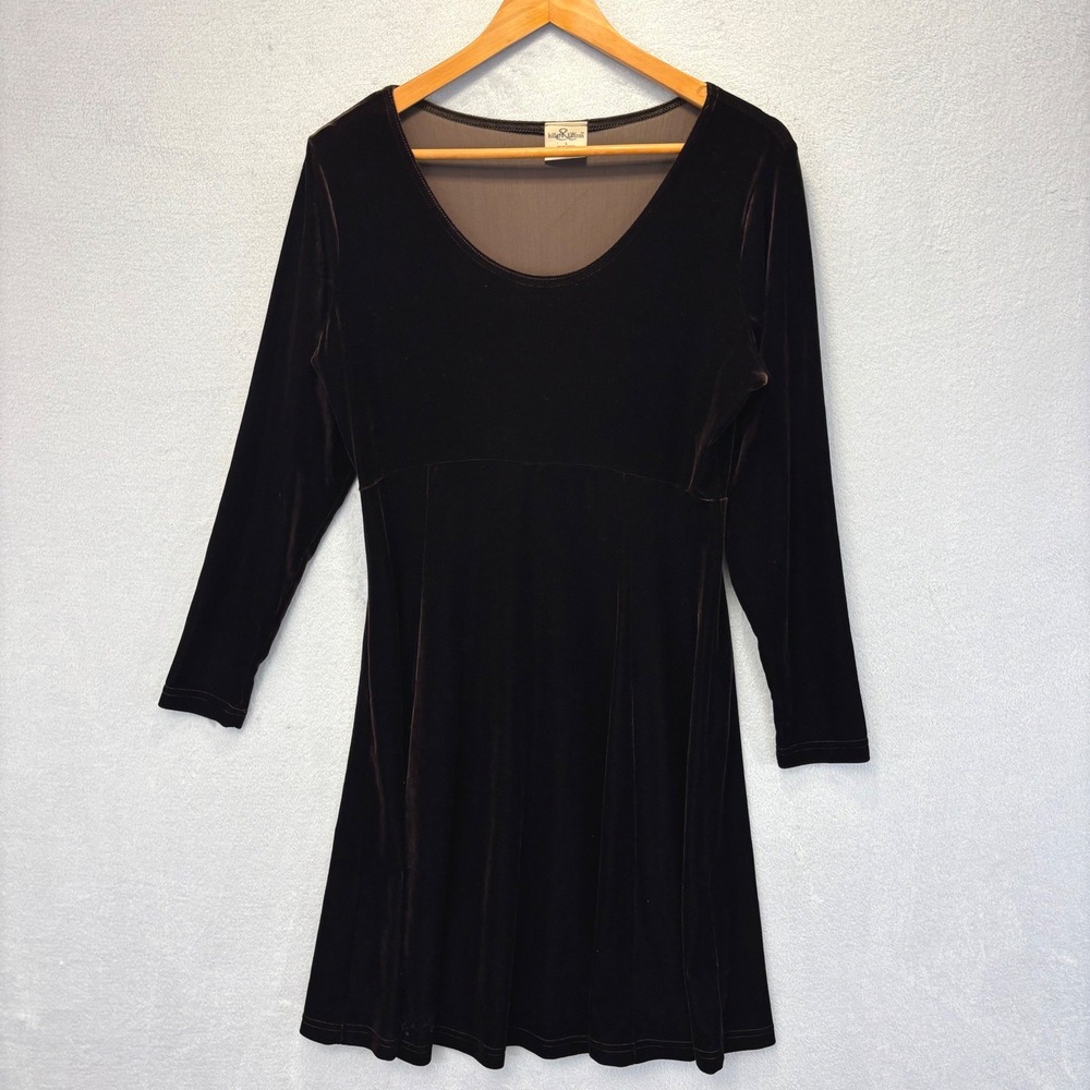 Vintage Velvet Long Sleeve A-Line Dress Women Large Brown Swing Holiday Empire